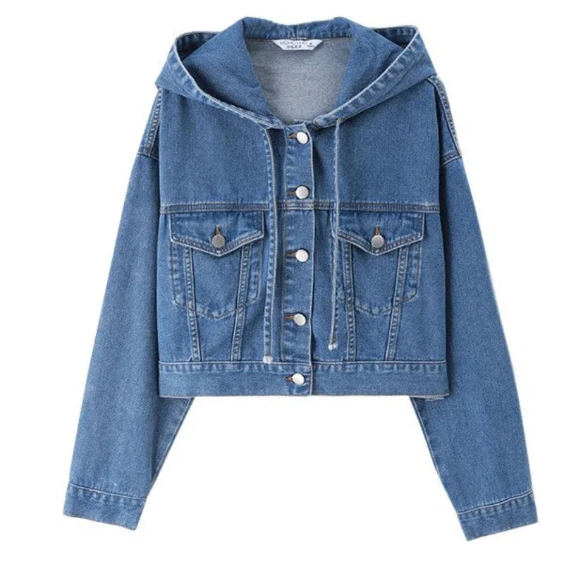 Crop Hooded Small Women's Denim Jackets Outerwears Female Jeans Coat Spring Autumn Plain Blue Short On Offer With Elegant Classy