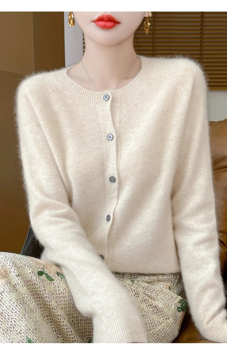 100% Merino Wool Long Sleeve Sweaters Cashmere Cardigan Spring Autumn Women O-Neck Knitwear Tops Clothing Fashion Basic Tops - reetell