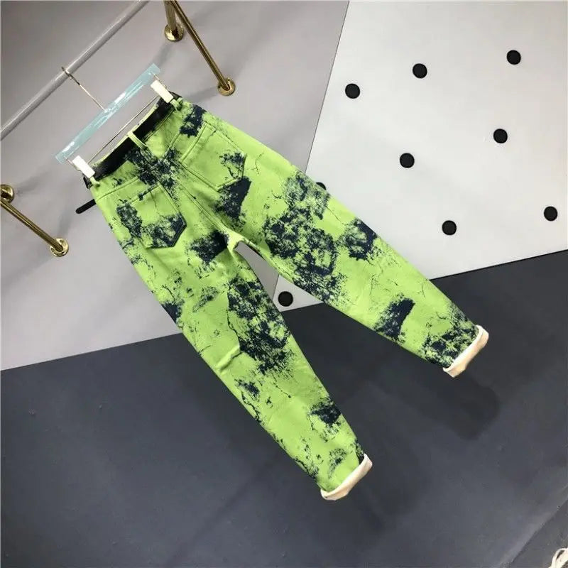 European Goods Heavy Industry Fashion Tie Dye Green Jeans Women's New Spring Summer High Waisted Loose Fit Slimming Harun Jeans - reetell