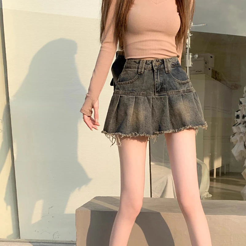 Deeptown Vintage Denim Skirt Women Pleated Sexy Short Skirts Retro Korean Fashion Aesthetics Casual A-line Streetwear Jean Skirt - reetell