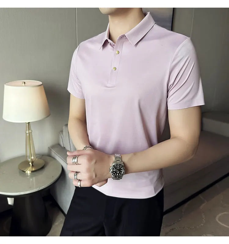 Ice Silk Traceless T-shirt Men's  Business Casual Solid Color Half Sleeve High Elasticity Top Silk Smooth Breathable POLO Shirt