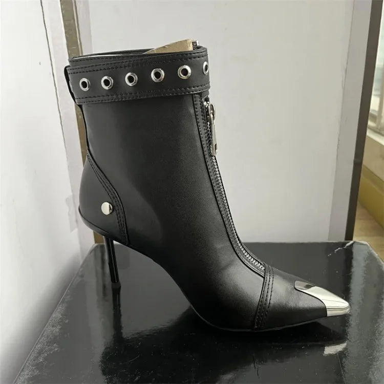 Belt Buckle Front Zipper Fashion Show Short Boots Women's Autumn Winter New Pointed Metal Decoration Red High Heels Ankle Boots