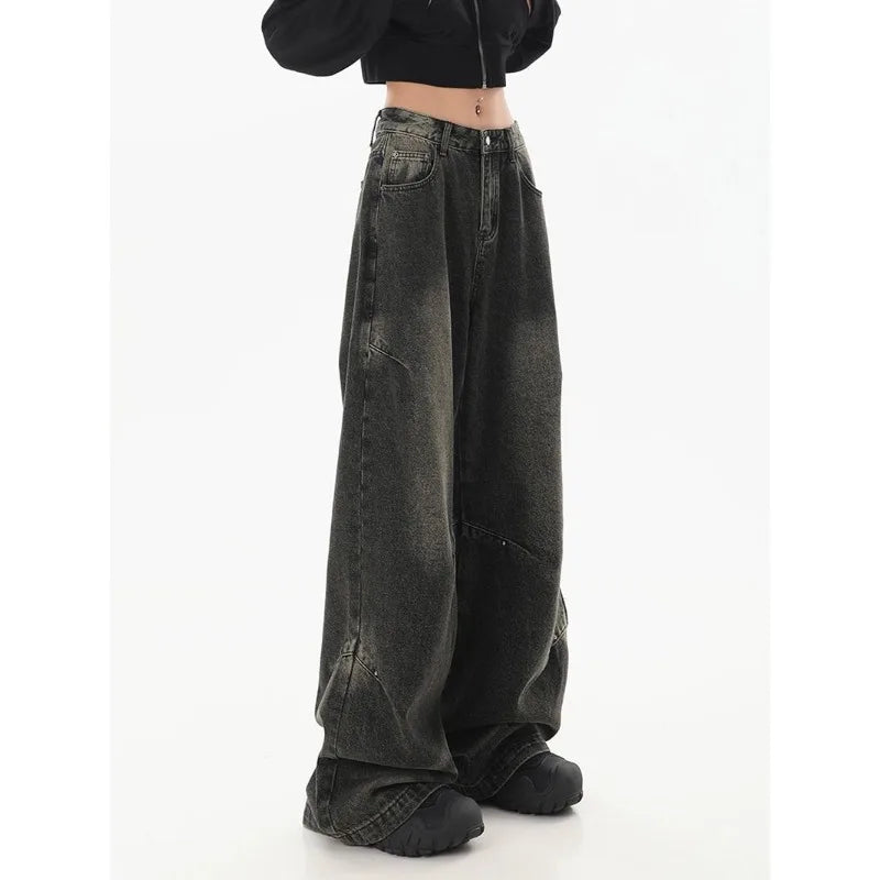 Deeptown Y2k Vintage Black Jeans Women Streetwear Baggy Denim Pants Wide Leg Harajuku Korean Trousers Goth Spring 2024 American - reetell