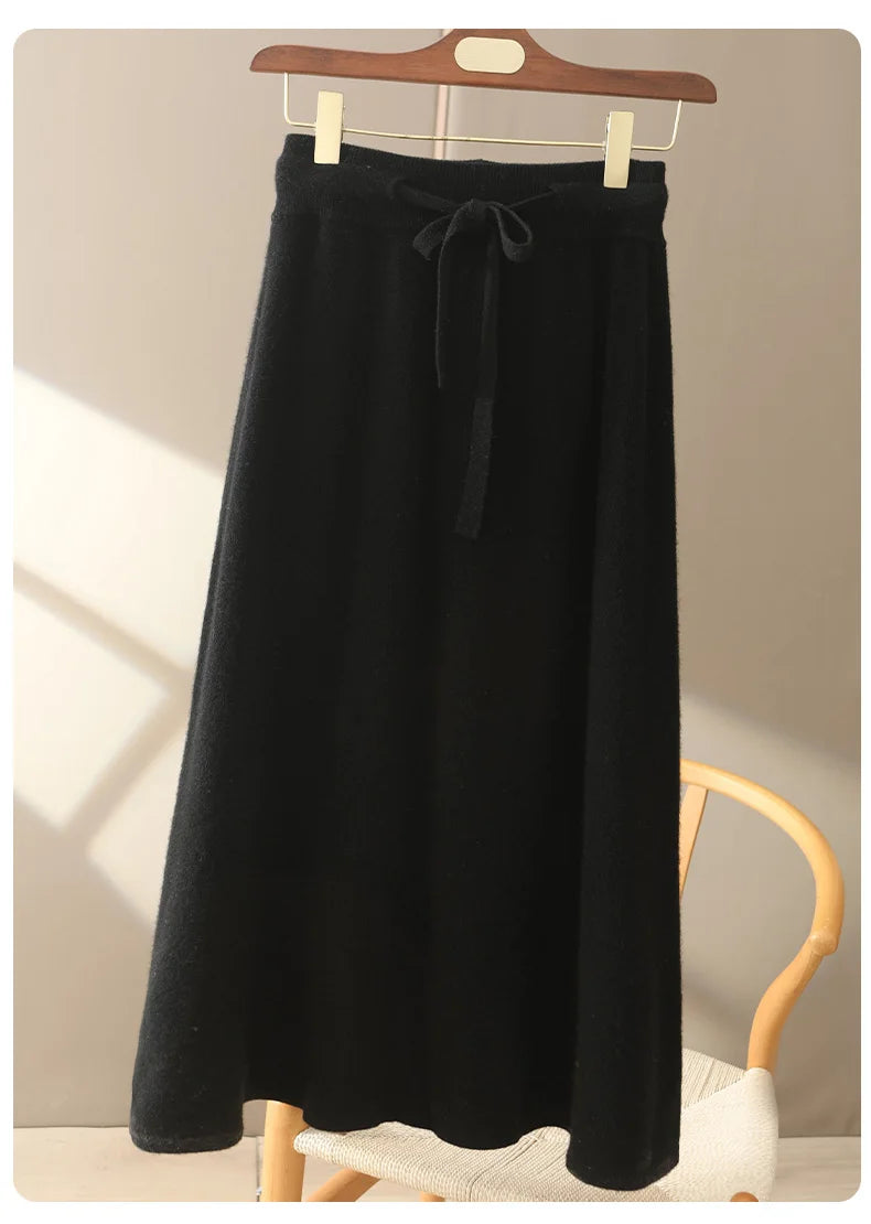 Autumn And Winter100% Pure Wool Skirt Women's Long Pocket Small A Skirt High Waist Slim Cashmere Knit A-Line Skirt - reetell