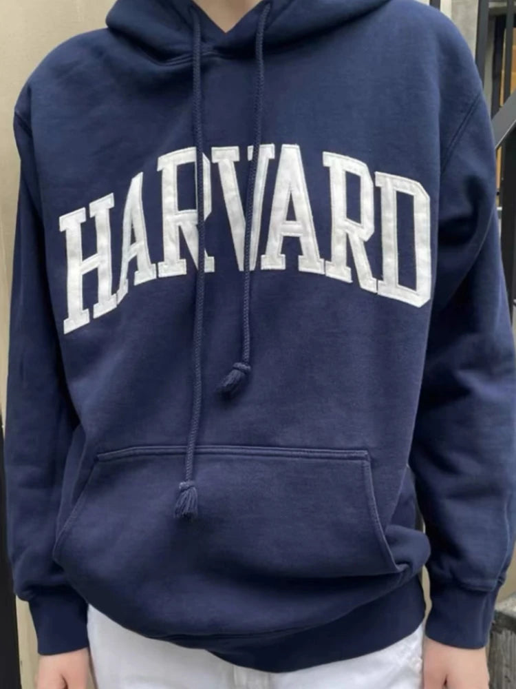 Casual Women Cotton Navy HARVARD Embroidered Hoodies 2023 Fall Vintage Long Sleeves Sweatshirts Female Loose Pullovers - reetell