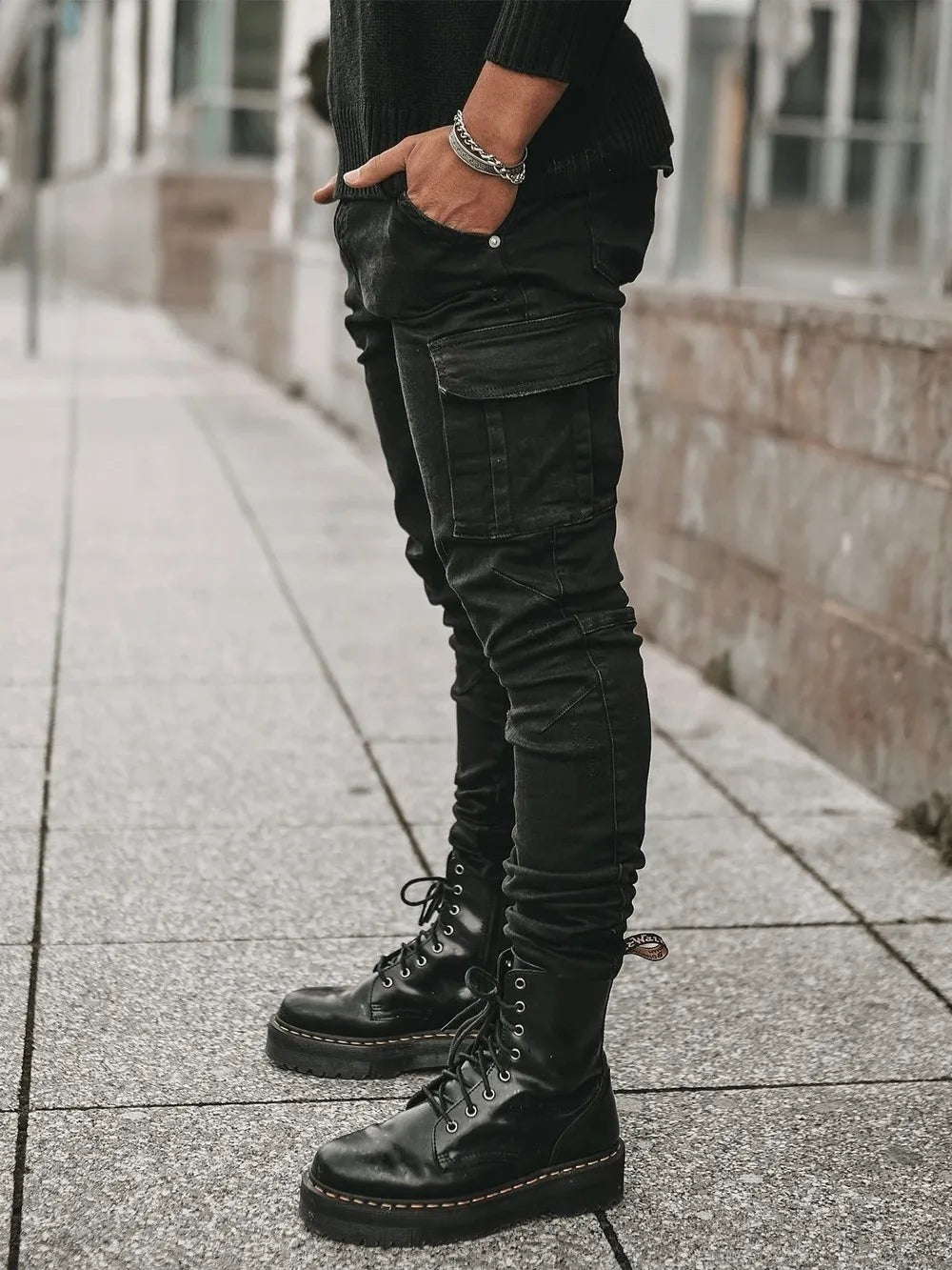 Fashion Streetwear Ripped Skinny Jeans Men Side Mulit Pockets Denim Cargo Pants Slim Fit Pantalones Hombre Soft Elastic Joggers - reetell