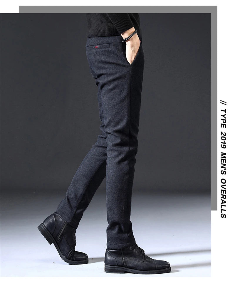 2023 New Autumn Winter Classic Work Stretch Pants Men Cotton Business Slim Fit Grey Black Korea Thick Casual Cargo Trousers Male - reetell