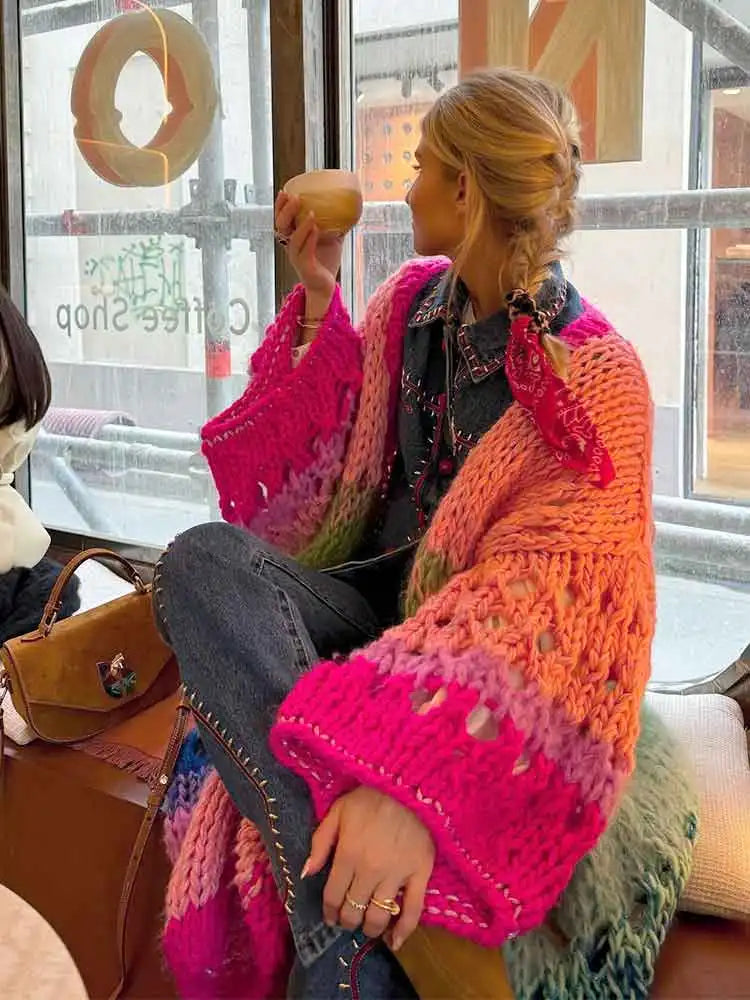 Boho Multicolor Crochet Cut Out Bell Sleeve Cardigan 2024 Autumn Winter Knitted Dress Women's Long Cardigan Sweater Jacket K12 - reetell