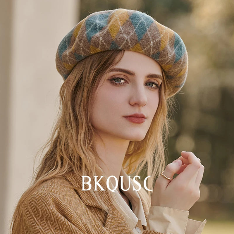 Beret Women Wool Classic Prismatic Check Cashmere Berets French Elegant Pure Wool Vintage Beret Woman Luxury Hats Winter Caps