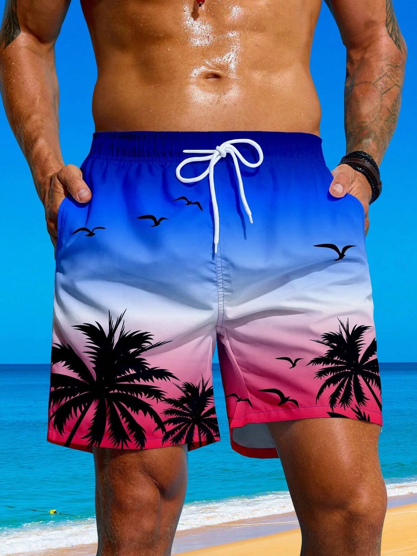 Summer Vacation Men's Palm Tree Print Drawstring Waist Board Shorts Fashion Swim Trunks 3D Print Breathable Short Streetwear - reetell