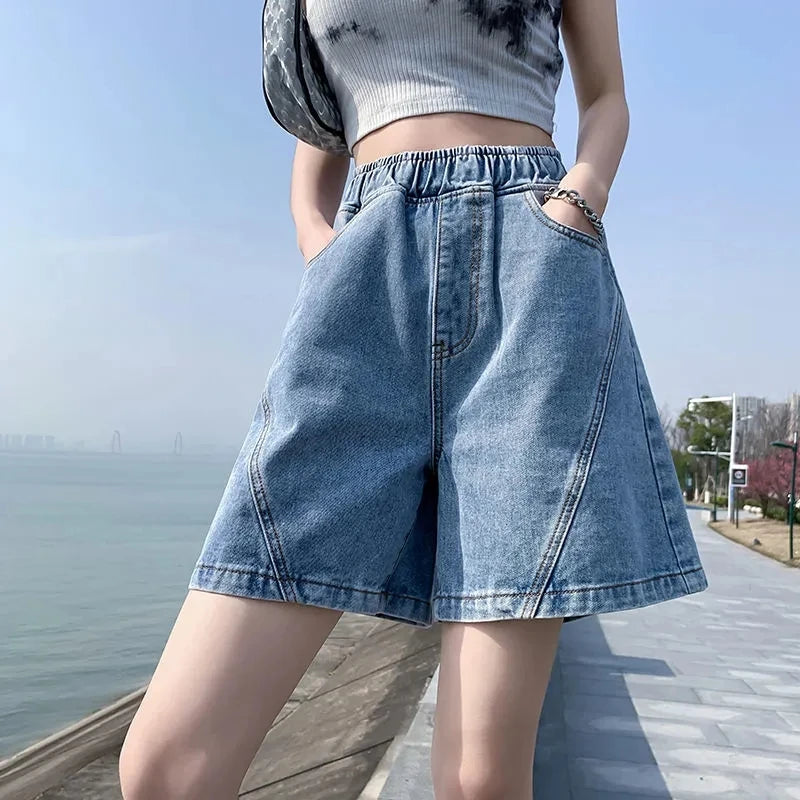 Big Size Denim Shorts Quarter Trousers A Wide Leg Loose High Waist Skinny Students Fattening Women Pocket Splicing Stripe - reetell