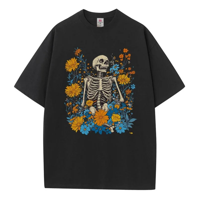 T shirt baggy style pure cotton drop shoulder unisex tops Garden Centre skeleton vintage graphic t shirts breathable print