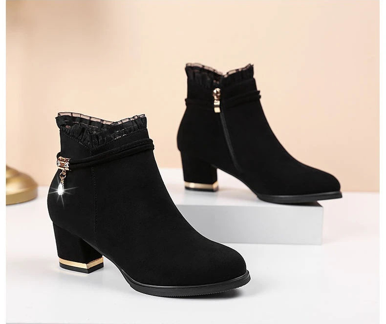 2023 New Autumn Fashion Boots Women Fur Winter Warm Pointed Ankle Boots Sexy High Heel Rhinestone Decoration Zipper Women Boots