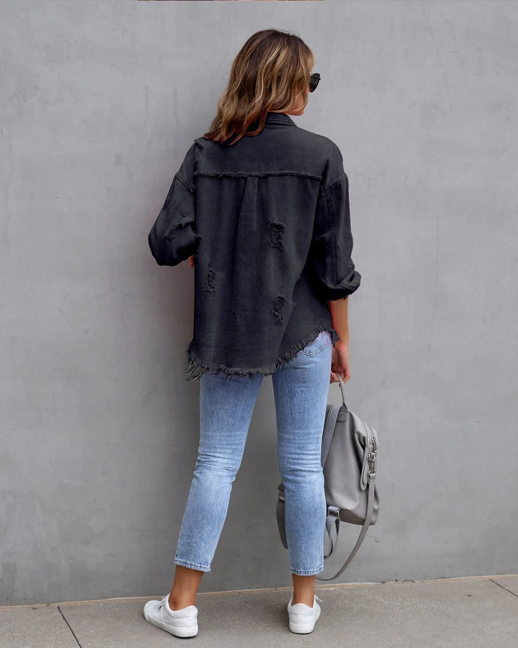 Women's Casual Lapel Mid-length Denim Jacket with Ripped Raw Edges