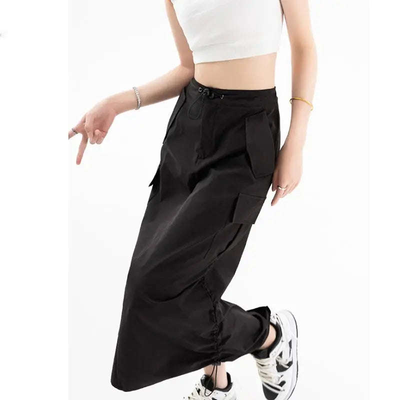 American Retro Cargo Skirt for Women Summer Slit Design Drawstring High Waist Mid-length Skirt Y2k Streetwear Fashion Clothing - reetell