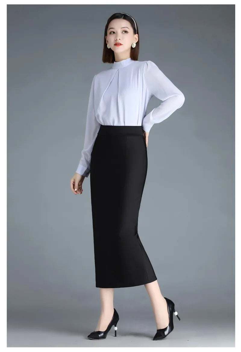 Stretch Pencil Skirts for Women, Office Lady, Formal Black Midi Skirts, Elegant Female Package Hip Skirts, Spring and Autumn - reetell