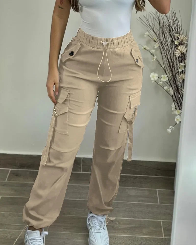 2024 New Fashion Womens Cargo Pants Elegant Pocket Design Drawstring Cuffed Pants Female Trouser Casual Bottom Female Clothing - reetell