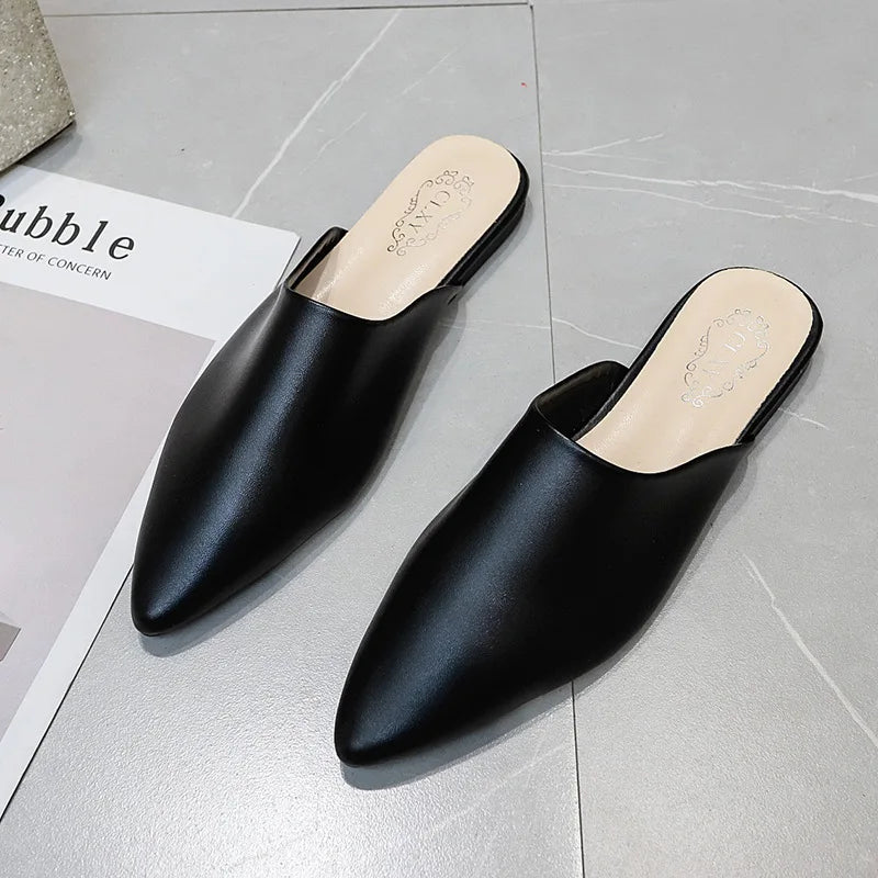 Women Spring Summer Slippers Mules Soft Leather Pointed Toe Slip On Sandalias Soild Mature Fashion Casual Low-heeled Shoes Mujer