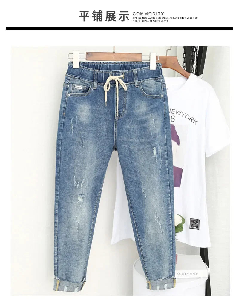 XL-6XL Plus Size jeans for Women Mom Jeans Woman Elastic High Waist Blue BaggyJeans Denim Ripped Jeans Female Harem Pants - reetell