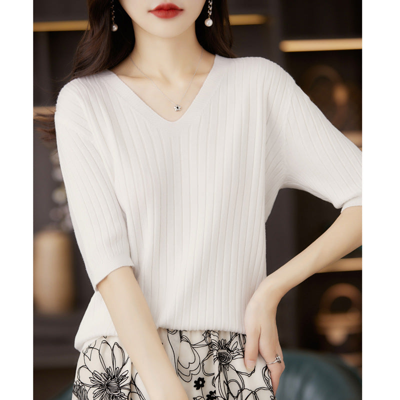 Women Sweater Short Sleeve V-neck Stripe Knitwears Slim Fit Shirt Korean Fashion Pullovers Thin Knit Tops 2024 Bottoming Shirts - reetell