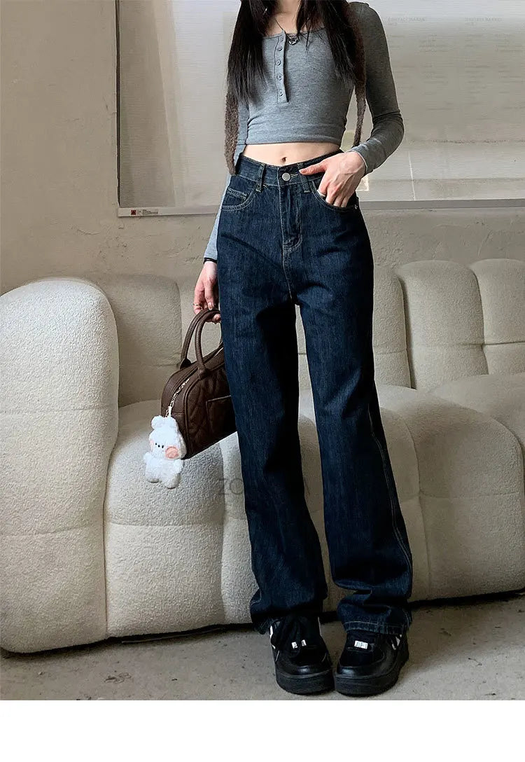 ZOENOVA High Waist Straight Women's Jeans 2024 Spring Korean Fashion Ladies Simple Versatile Loose Dark Blue Wide Leg Trousers - reetell