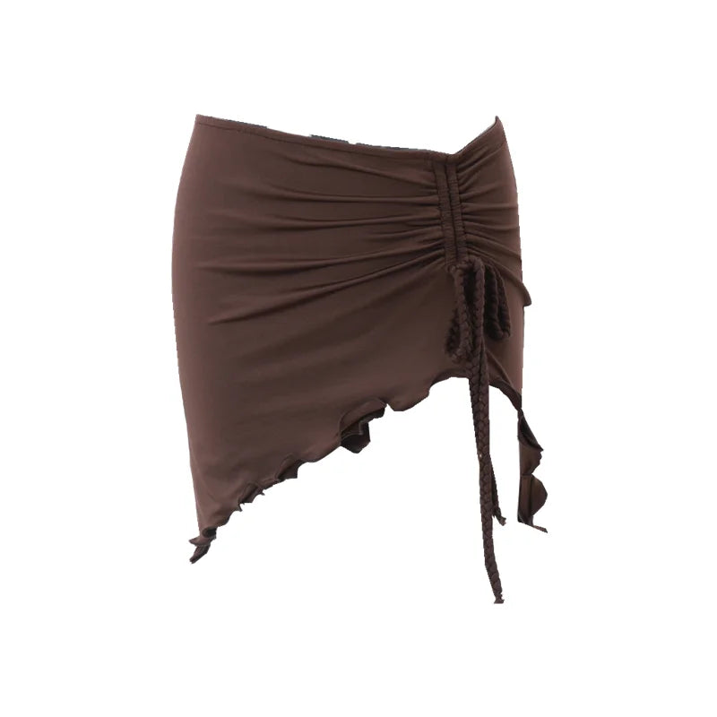 Xeemilo Y2K Irregular Shape Draw-string Mini Skirt Vintage Brown Sexy Bandage Low-waist Skirt Summer Chic Streetwear Short Dress - reetell