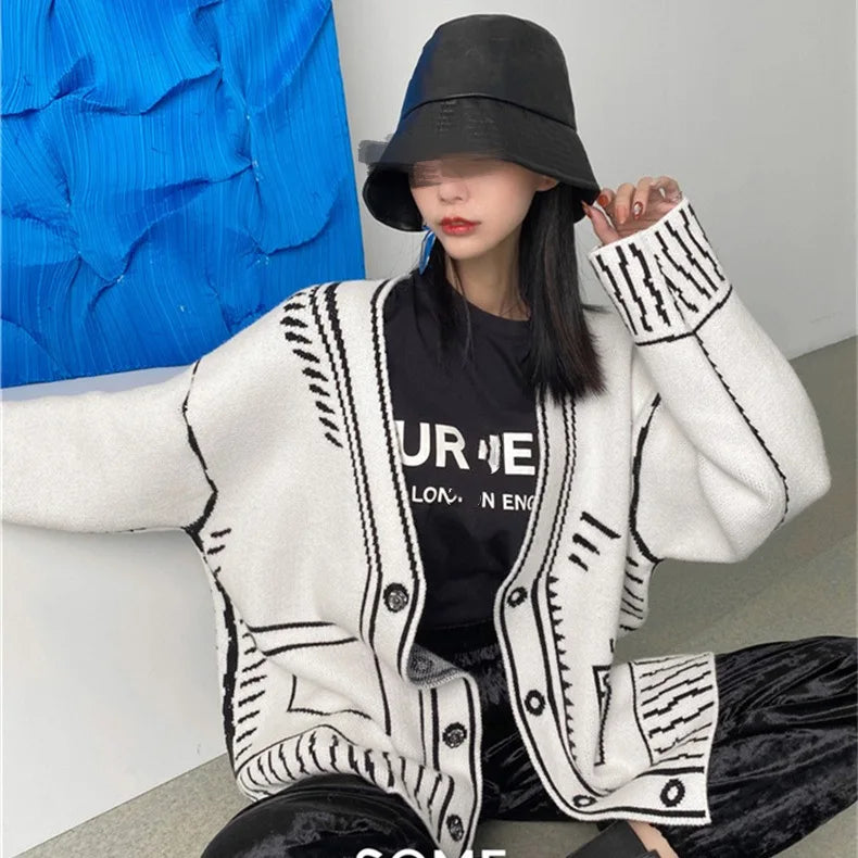 Y2K Cardigan Women Print Graffiti Top Long Sleeve Loose V-neck Sweater Autumn Winter Streetwear Knitted Female Cardigans Coat - reetell