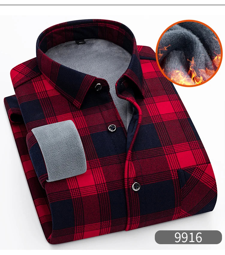 Autumn Winter Thicken Fleece Shirt Men Business Plaid Shirt Long Sleeve Warm Clothes Turn Down Collar Button Up Shirts Classic - reetell