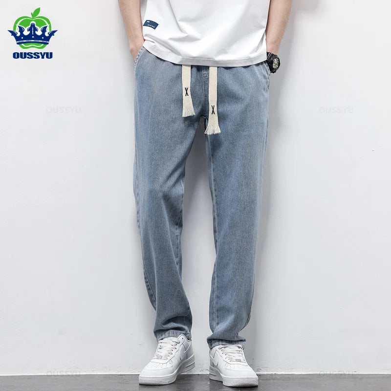 Autumn Winter Men's Jeans Cotton Soft Drawstring Straight Pants Elastic Waist Vintage Korea Casual Trousers Male Plus Size S-5XL - reetell