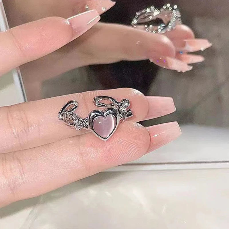 Y2K Trendy Pink Heart Ring Cat Eye Peach Heart Adjustable Women Design Premium Rings Wedding Party Jewelry Gifts Wholesale