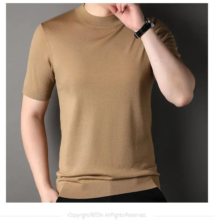 Worsted Mercerized Men Summer Short Sleeves T-shirt Versatile Fashion Male Clothing Half Turtleneck Casual Basic Knitted Tops - reetell