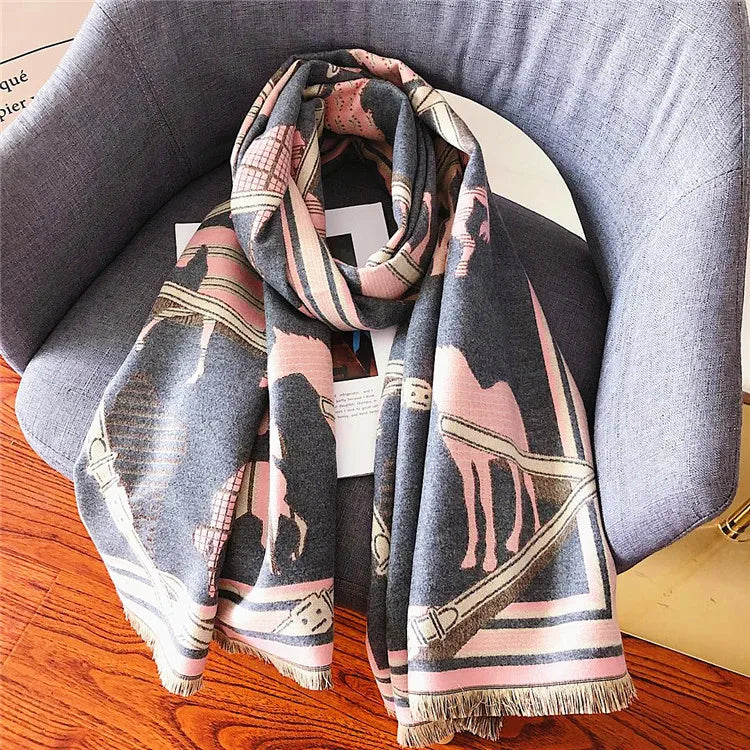 Women's Autumn Winter Horse Pattern Scarf New Luxury Cashmere Feeling Large Blanket Wrap Soft Warm Brand Shawl Retro & Classical - reetell