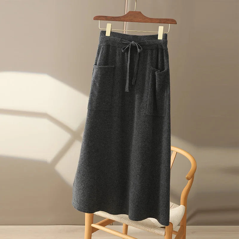 Autumn And Winter100% Pure Wool Skirt Women's Long Pocket Small A Skirt High Waist Slim Cashmere Knit A-Line Skirt - reetell