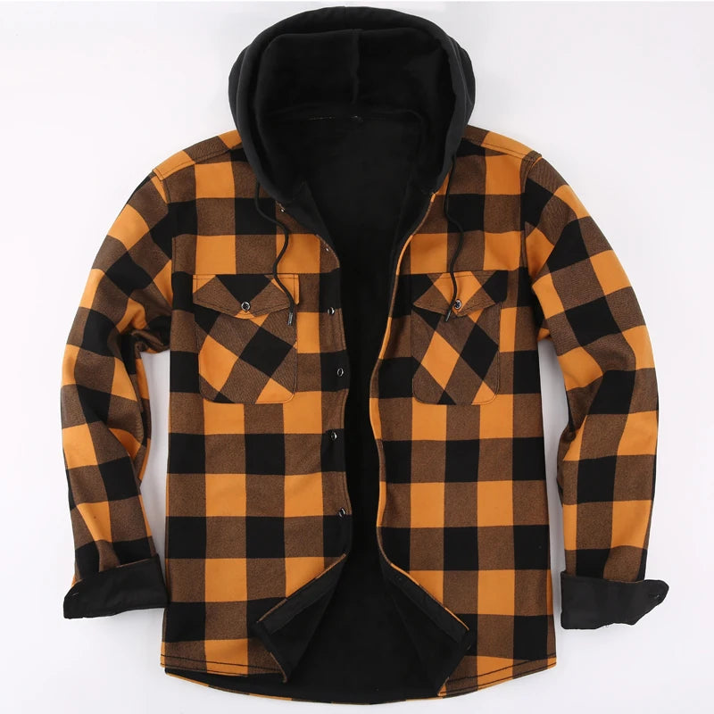 Mens Green Hooded Plaid Winter Shirt Jacket Casual Fleece Linend Warm Shirt Long Sleeve Western Cowboy Flannel Checkered Chemise