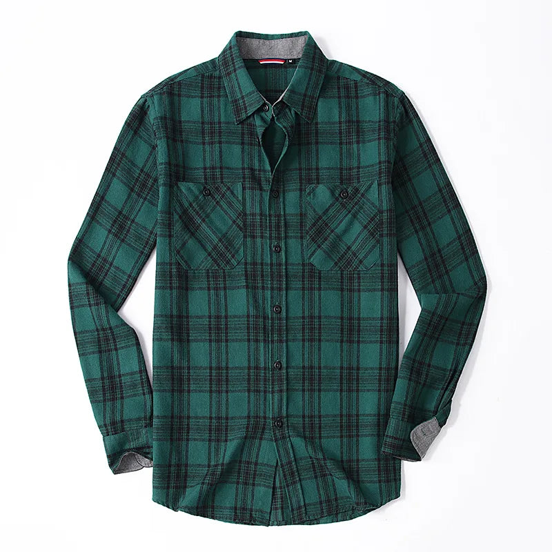 2023New Men Casual Plaid Flannel Shirt Long-Sleeved Chest Two Pocket Design Fashion Printed-Button