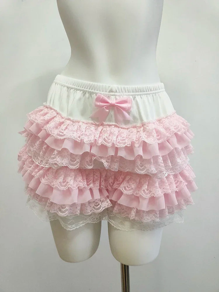 Cute Lace Shorts Women Ribbons Flowers Elastic Waist Lolita Style Multilayer Bottoming Shorts for Sweet Girls Kawaii Clothes - reetell