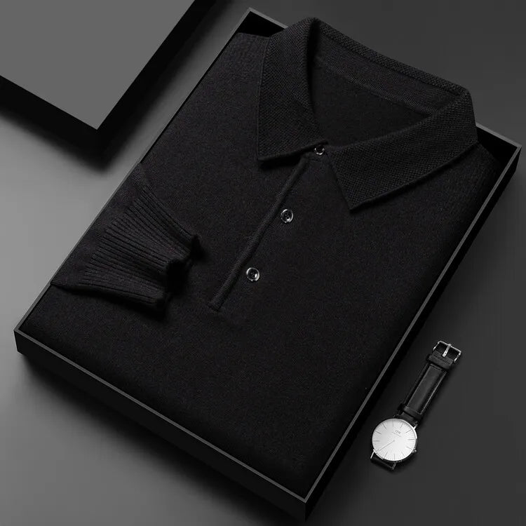 Autumn and Winter New Warm Soft Pullover Men's Business Lapel Knitwear Casual Solid Color Long Sleeve Polo Shirt Office - reetell