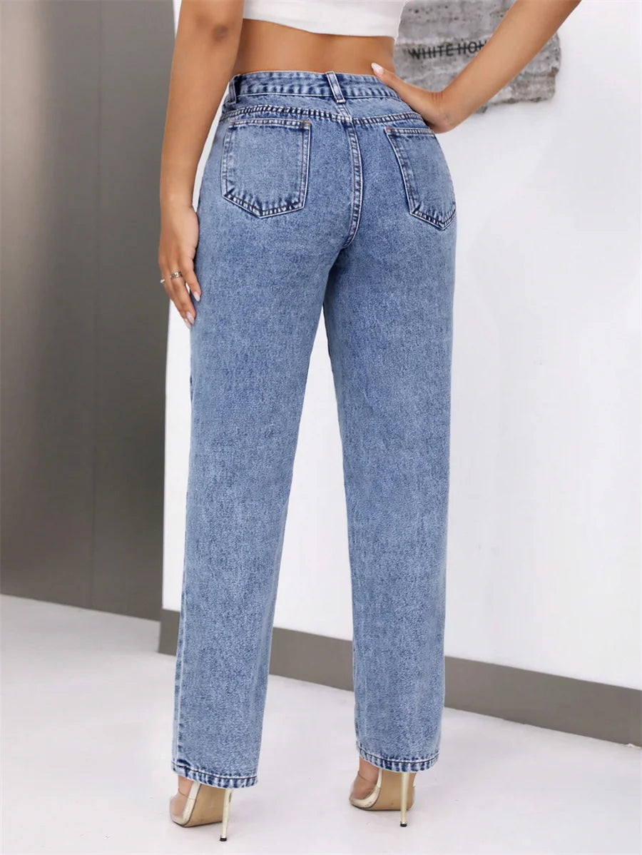 Benuynffy Vintage Blue Mid Waisted Jeans Women's American Casual Mom Pants Streetwear Fashion Denim Straight Long Trousers - reetell