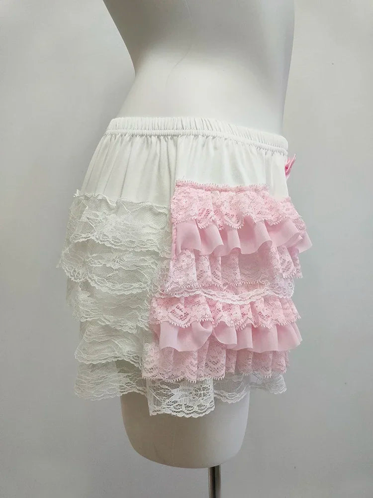 Cute Lace Shorts Women Ribbons Flowers Elastic Waist Lolita Style Multilayer Bottoming Shorts for Sweet Girls Kawaii Clothes - reetell