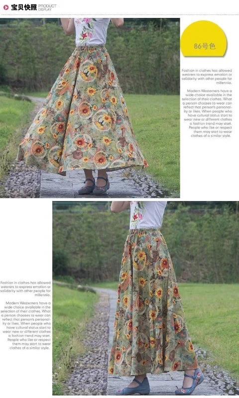 Fashion Summer Cotton Linen Women Skirt Saia Casual Vintage y2k Print Long Skirts Woman Clothes Bohemian Faldas Maxi Bottom Jupe - reetell