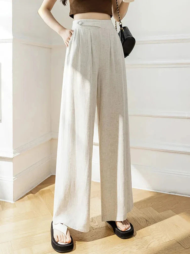 Summer New Cotton Linen Hig Waist Wide Leg Pants Mom's Straight Sweatpant Women 4xl Big Size Trousers Casual Baggy Pantalones - reetell