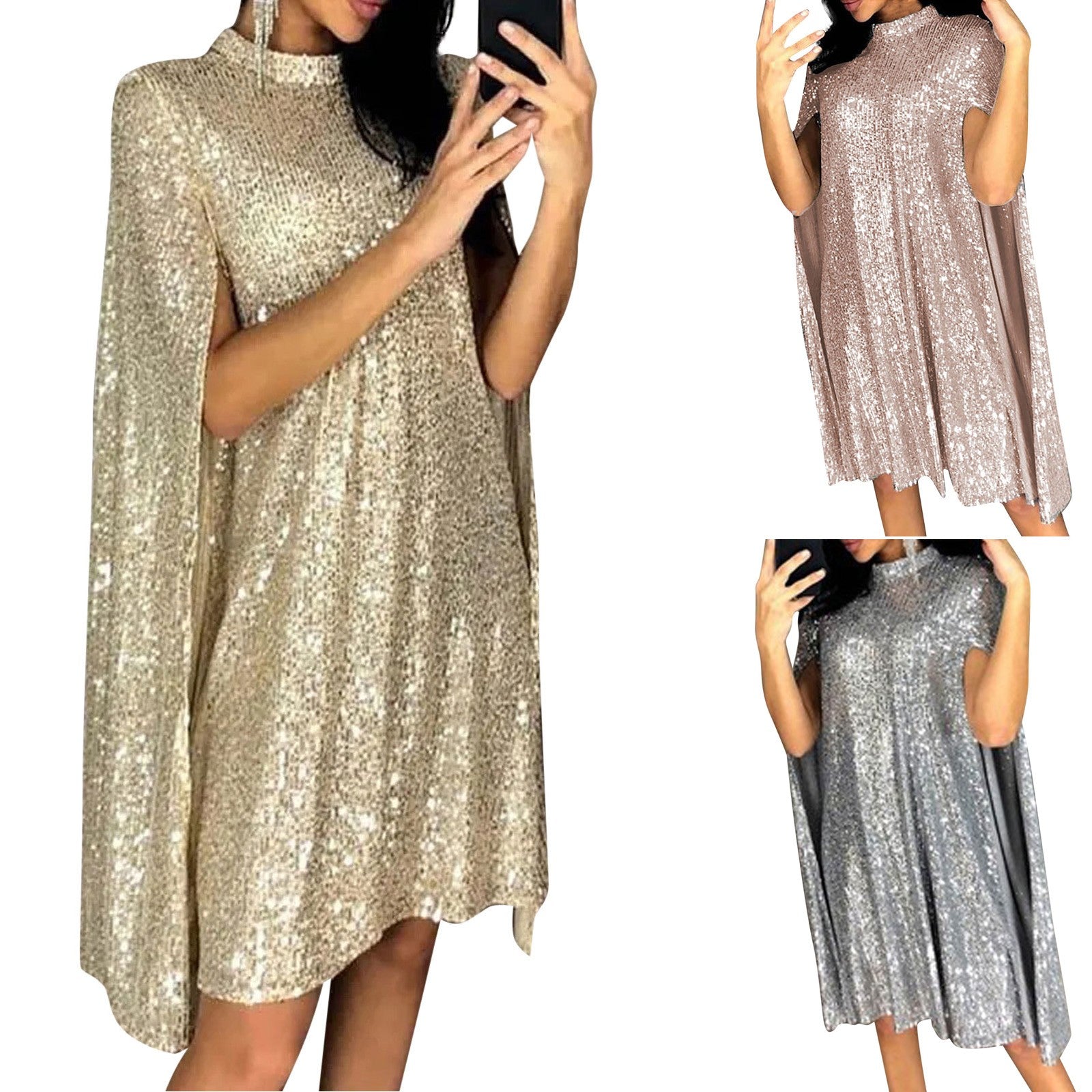 Sequin Party Dresses For Women 2024 Golden Elegant Cloak Sleeve Patchwork Loose Evening Dress Silver Sexy Club Vestidos Female - reetell