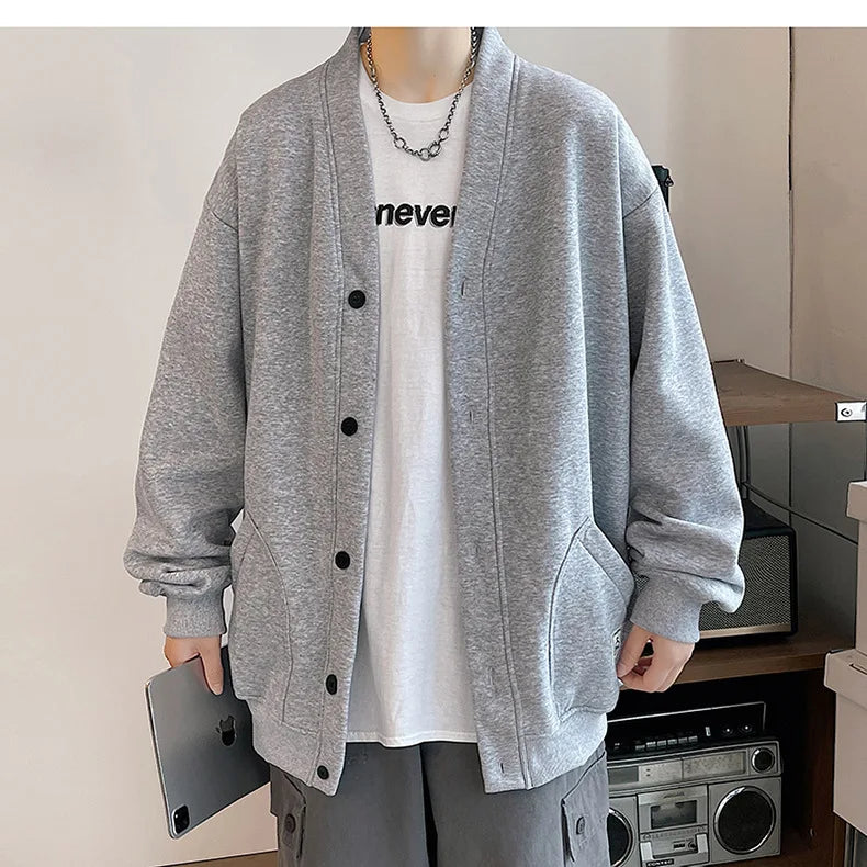 2023 Korean Sweatshirts Men Fashion Solid Color Style Hoodies Autumn Brand Casual Loose Coat Street Thick Warm Male Cardigans - reetell