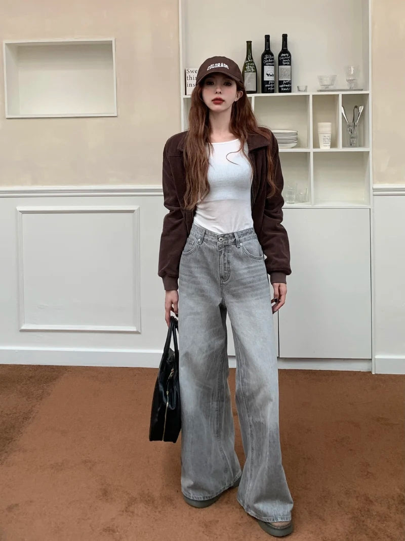 Summer Grey Womens Jeans High Waist Baggy Casual Vintage Y2K Trend Straight Cargo Pants Street American Wide Leg Denim Trouser - reetell