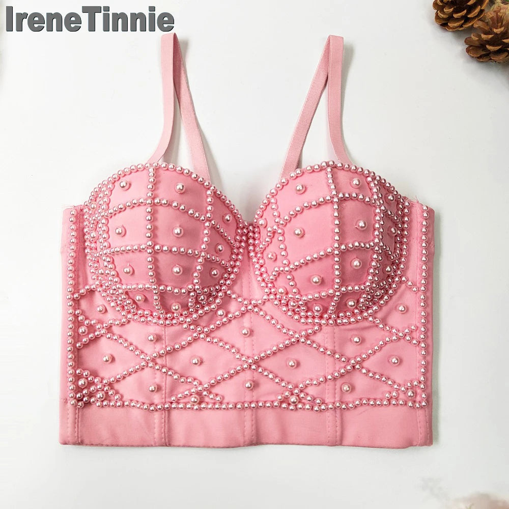 IRENE TINNIE Full Beads Female Trend Corset Top Women Crop top Push Up Tube Bra Nightclub Pearl Short Chest Binder Sexy Camisole - reetell