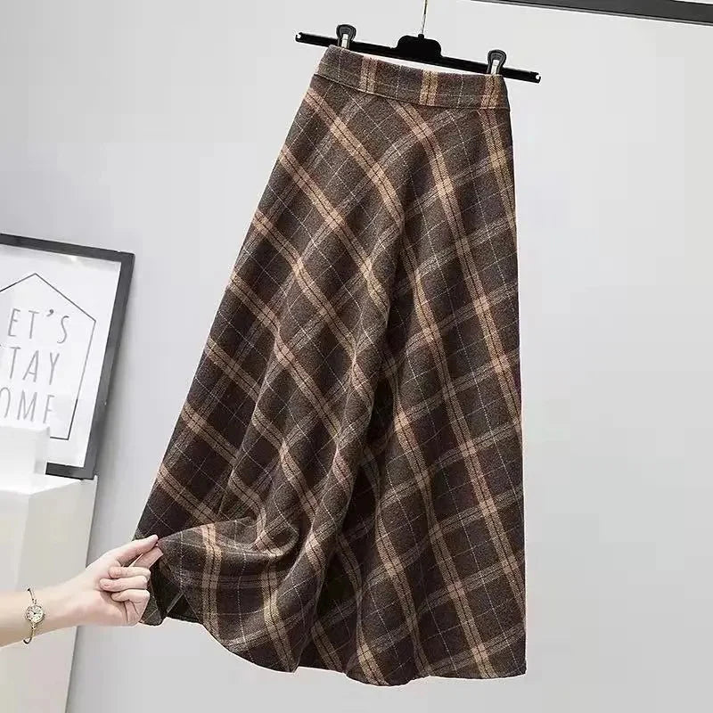 Rimocy Autumn Winter Woolen Skirt Women 2023 Korean Style Thick High Waist Long Skirt Woman A Line Pleated Plaid Skirt Female - reetell