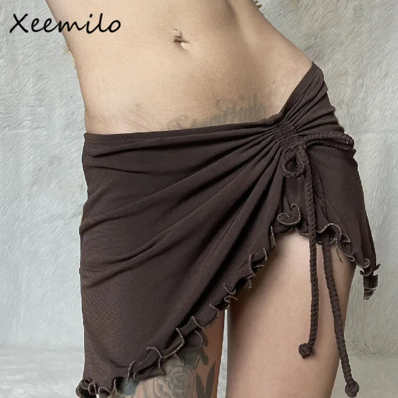 Xeemilo Y2K Irregular Shape Draw-string Mini Skirt Vintage Brown Sexy Bandage Low-waist Skirt Summer Chic Streetwear Short Dress - reetell