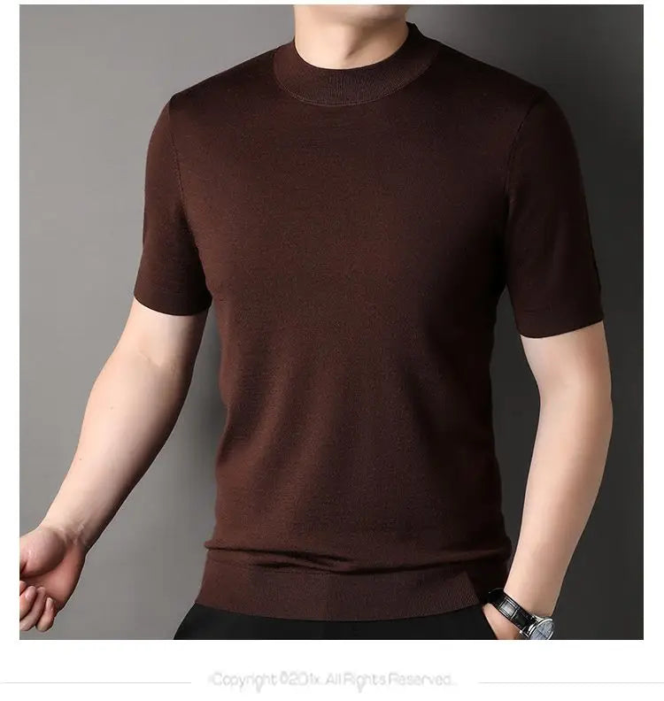 Worsted Mercerized Men Summer Short Sleeves T-shirt Versatile Fashion Male Clothing Half Turtleneck Casual Basic Knitted Tops - reetell