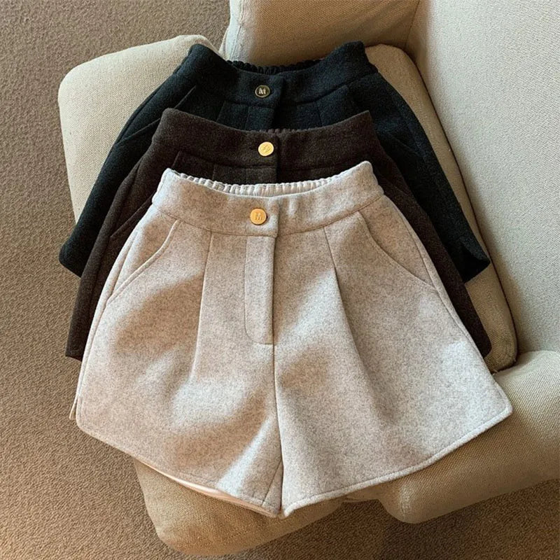 Women Woolen Shorts Solid Color 2024 Autumn Winter Lady Split Wide Leg Short Pants Korean Fashion Female Elegant Baggy Trousers - reetell