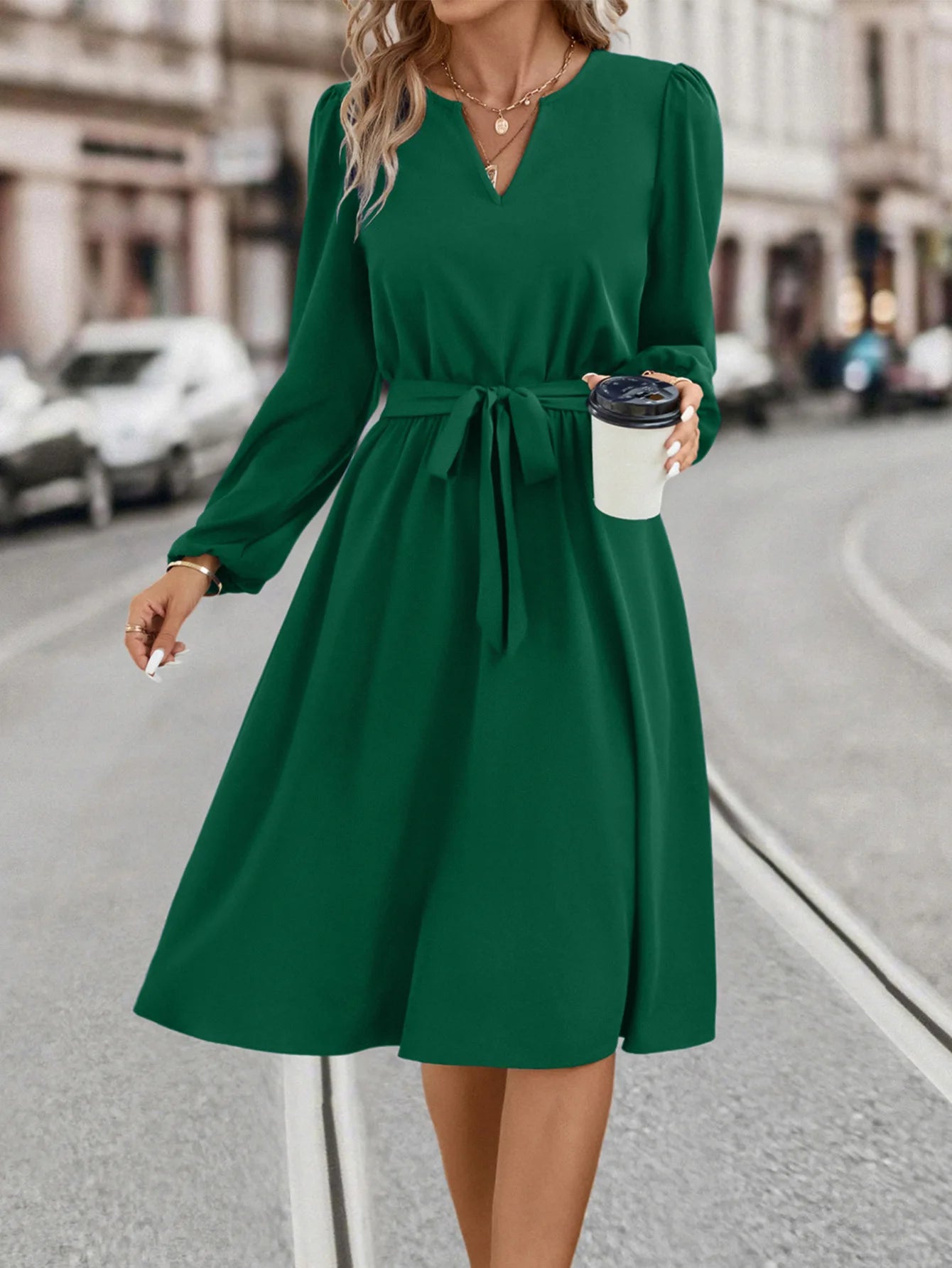 Elegant Women's Solid Color Lace Up Knee Length Dress 2024 New Autumn Winter Women's Long Sleeved V-neck Dress Vestido Femininos - reetell